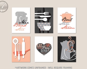 Kitchen Wall Art Print Set Decor, Utensil Appliance Silhouettes, Eat Pray Love, Set of (6), Peach, Coral, Grey, UNFRAMED Prints or Canvas