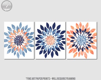 Modern Watercolor Flower Bursts Artwork, Coral Navy Cottage Blue, Fine Art Print Home Decor Set of (3) Unframed Paper Prints or Canvas