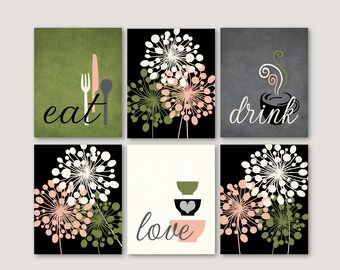 Kitchen Wall Art Print Set, Eat Drink Love, Peach, Olive Grey Black White Modern Kitchen Coffee Decor Set of (6) UNFRAMED Prints or Canvas