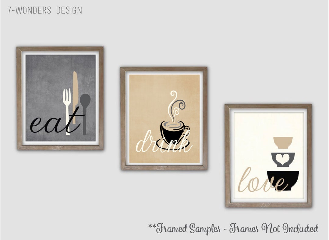 kitchen art personalized prints - utensils, cups,... Kitchen Wall Art Print Set Eat Drink Love Utensils Coffee Bowls Gray ...