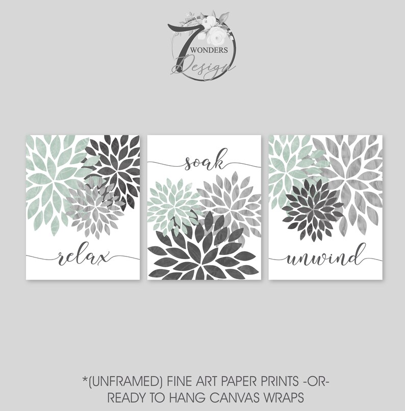 Relax Soak Unwind Distressed Flower Bursts Bathroom Art Charcoal Gray Seafoam Green Modern Bathroom Decor Set of 3 Unframed Prints OR Canvas image 1