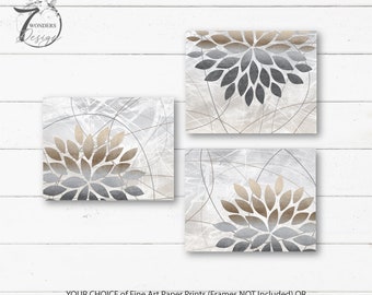 Neutral Flower Bursts Dahlia Art, Distressed Textured Beige Grey Tan Farmhouse Cottage Home Decor Set of (3) Unframed Paper Prints or Canvas