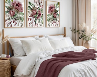 Watercolor Flowers Bedroom Prints,  Moody Farmhouse Art, Maroon Wall Decor, Set of (3) UNFRAMED Paper Prints or Canvas