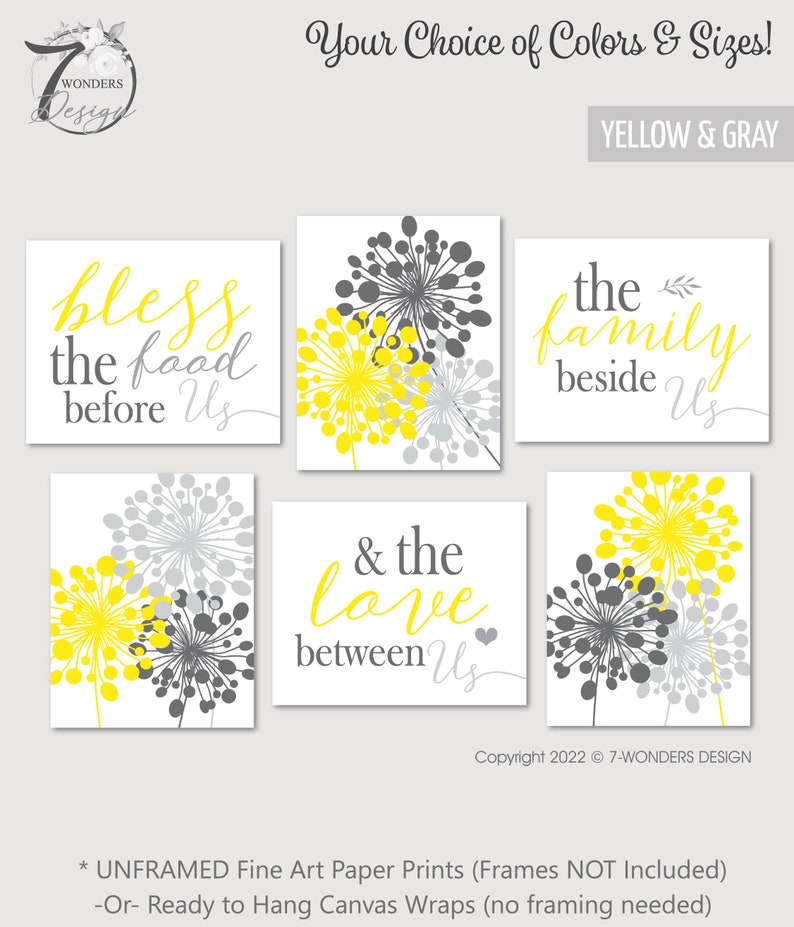 Modern Yellow Gray Kitchen Wall Art Prints Bless the Food Etsy