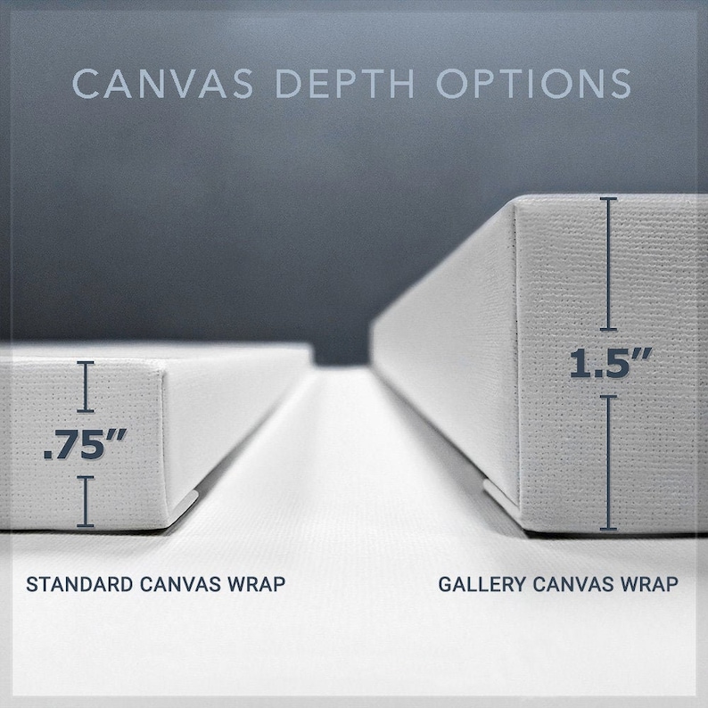 May include: Two canvas wraps with different depths. The standard canvas wrap is 0.75 inches deep, while the gallery canvas wrap is 1.5 inches deep.