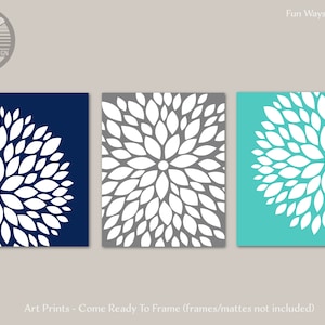 Flower Bursts Art Prints, Navy Gray Turquoise, Dahlia Wall Art Bedroom Bathroom Modern Home Decor Set of (3) UNFRAMED Paper Prints or Canvas