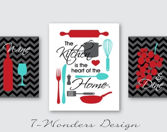 Kitchen Art Prints - The Kitchen is the Heart of the Home - Utensils, Wine and Dine Wall Art  - Set of 3 // Black, Red Turquoise - Unframed