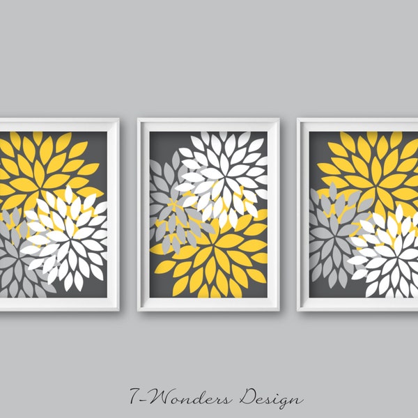 Flower Bursts Abstract Digital Fine Art Charcoal Gray Mustard Modern Home Decor  Set of (3) UNFRAMED Paper Prints or Canvas