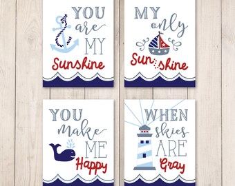 Baby Boys Nursery Wall Art, Nautical You Are My Sunshine Wall Art Prints, Navy, Blue, Red, Boys Bedroom Set of (4) Unframed Prints or Canvas