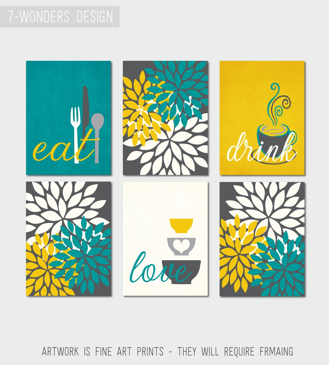 set of 6 kitchen prints coffee print set kitchen art... Kitchen Wall Art Print Set Eat Drink Love Coffee Cup Flower Bursts Teal ...