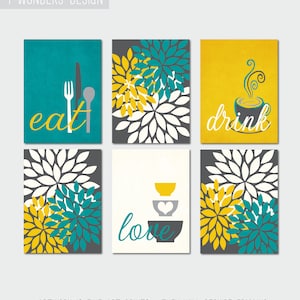 Kitchen Wall Art Print Set Eat Drink Love Coffee cup Flower Bursts Teal Mustard Charcoal Grey Cream Modern Decor Set of (6) Prints or Canvas