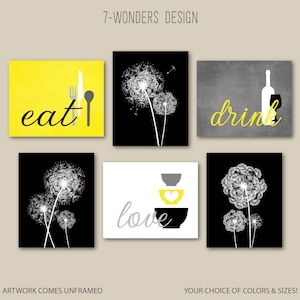 Kitchen Wall Art Print Set, Eat Drink Love, Dandelions, Yellow, Grey, Black, White, Modern Kitchen Decor, Set of (6)   Prints or Canvas