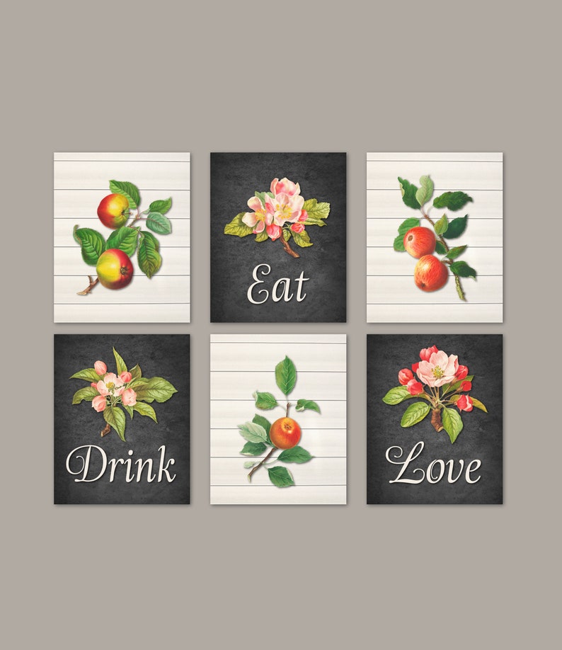 Cottage Vintage Kitchen Wall Art Prints Eat Drink Love Apples Etsy