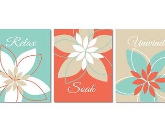 Relax Soak Unwind Abstract Flower Bathroom Art Prints Set of (3) Mint, Coral, Tan Modern Home Decor - UNFRAMED Paper Prints or Canvas Wraps