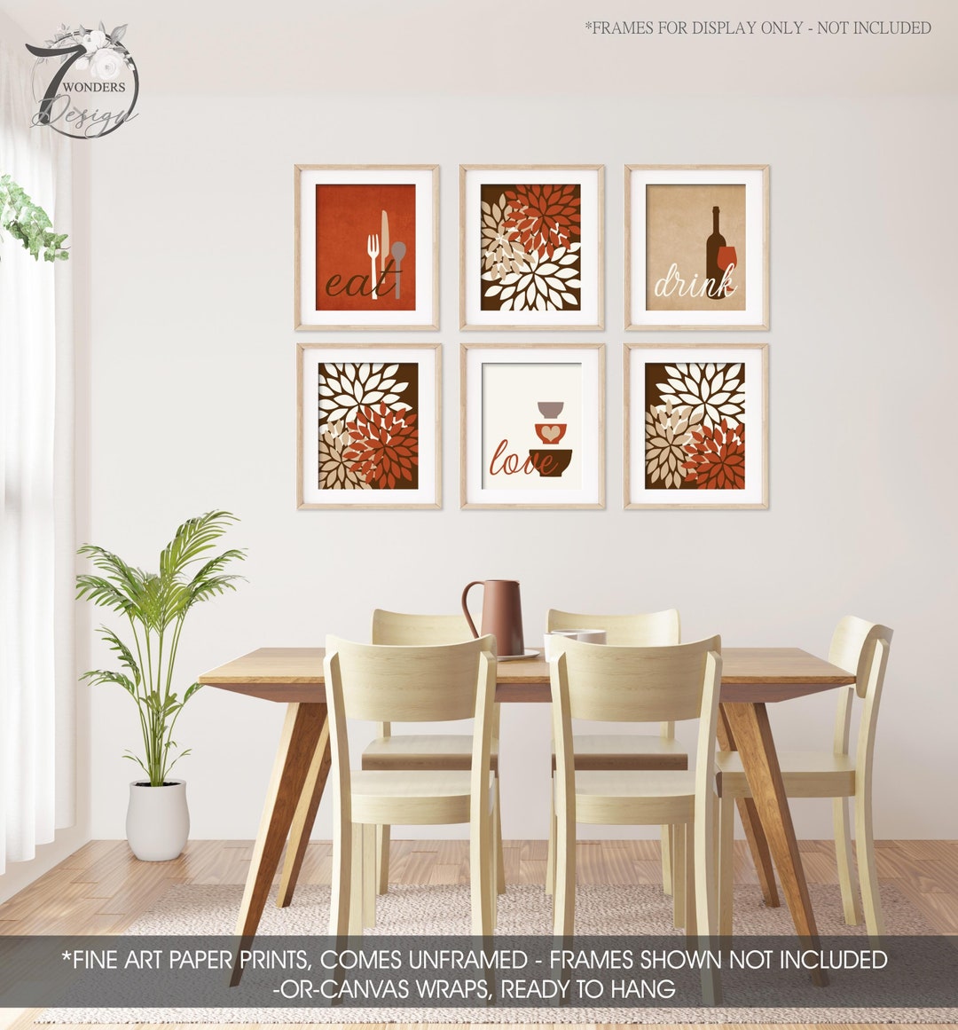 boho kitchen decor boho wall art set of 2 prints... Kitchen Wall Art Print Set Eat Drink Love Flower Bursts Burnt Orange ...