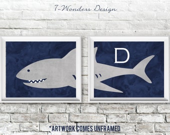 Boys Shark Art Prints Monogram Watercolor Navy Blue and Gray // Nursery Bedroom Decor Set of (2) UNFRAMED Paper Prints or Canvas