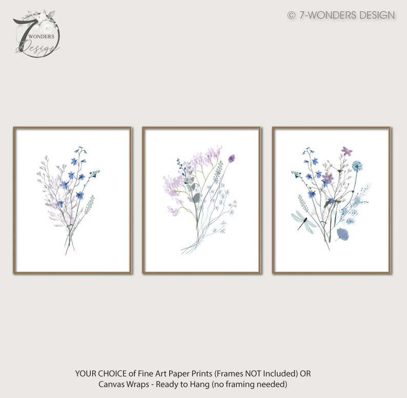 Farmhouse Wildflowers Wall Art Print Set Purple Lilac Blue Watercolor ...