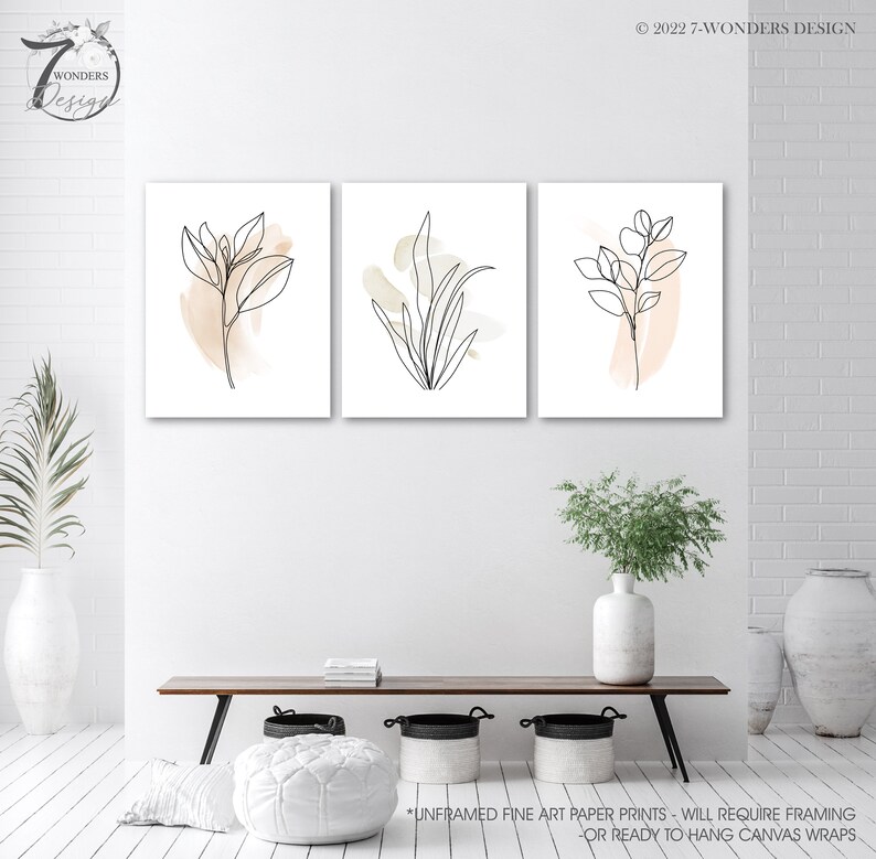 Watercolor Flower Line Art Prints, Floral Neutral Botanical Wall Decor ...