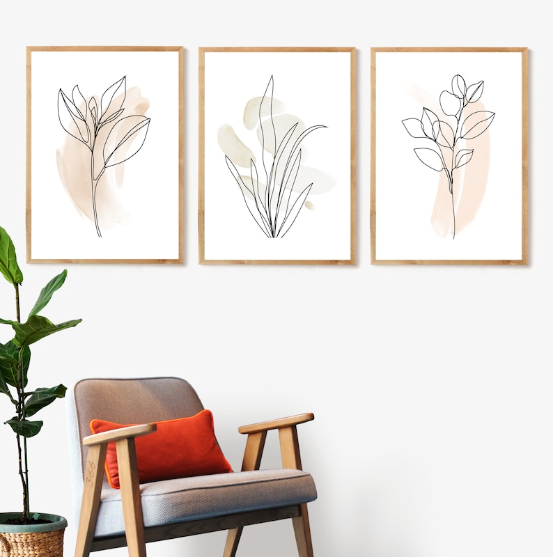 Watercolor Flower Line Art Prints, Floral Neutral Botanical Wall Decor ...
