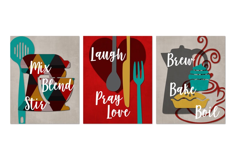 Cute Fun Kitchen Wall Art Print Set Couples Art Red Teal Etsy