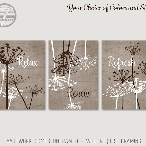 Relax Renew Refresh - Arte abstracto del baño de flores de hinojo // Marrón Beige Blanco // Decoración floral moderna - conjunto de 3 impresiones o lienzos UNFRAMED