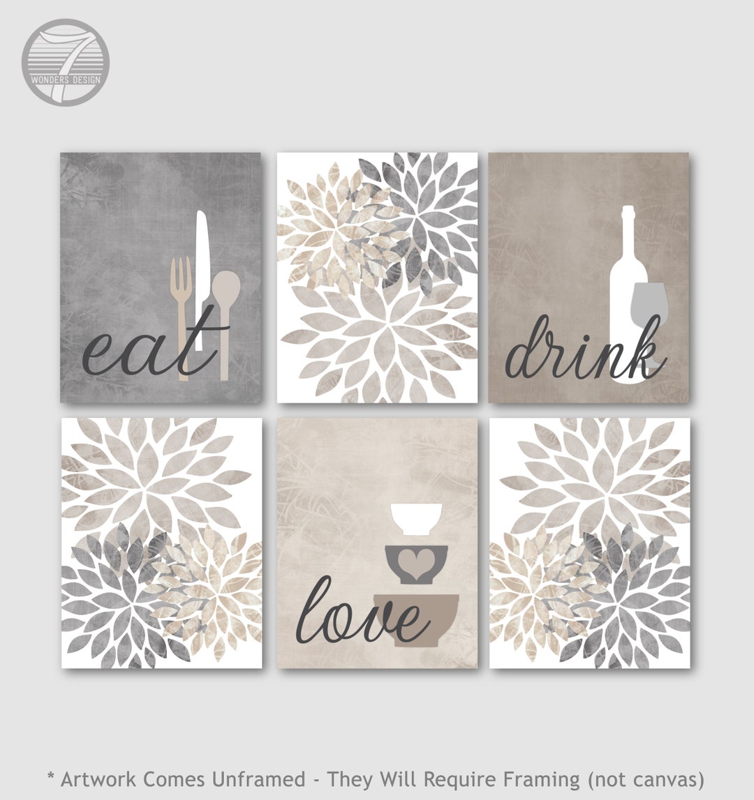 Kitchen Art Prints Eat Drink Love Fine Art Neutral Flower Bursts Beige