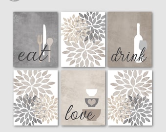 Kitchen Art Prints Eat Drink Love Fine Art Neutral Flower Bursts Beige Gray Tan Modern Kitchen Home Decor Set of 6 UNFRAMED Prints or Canvas