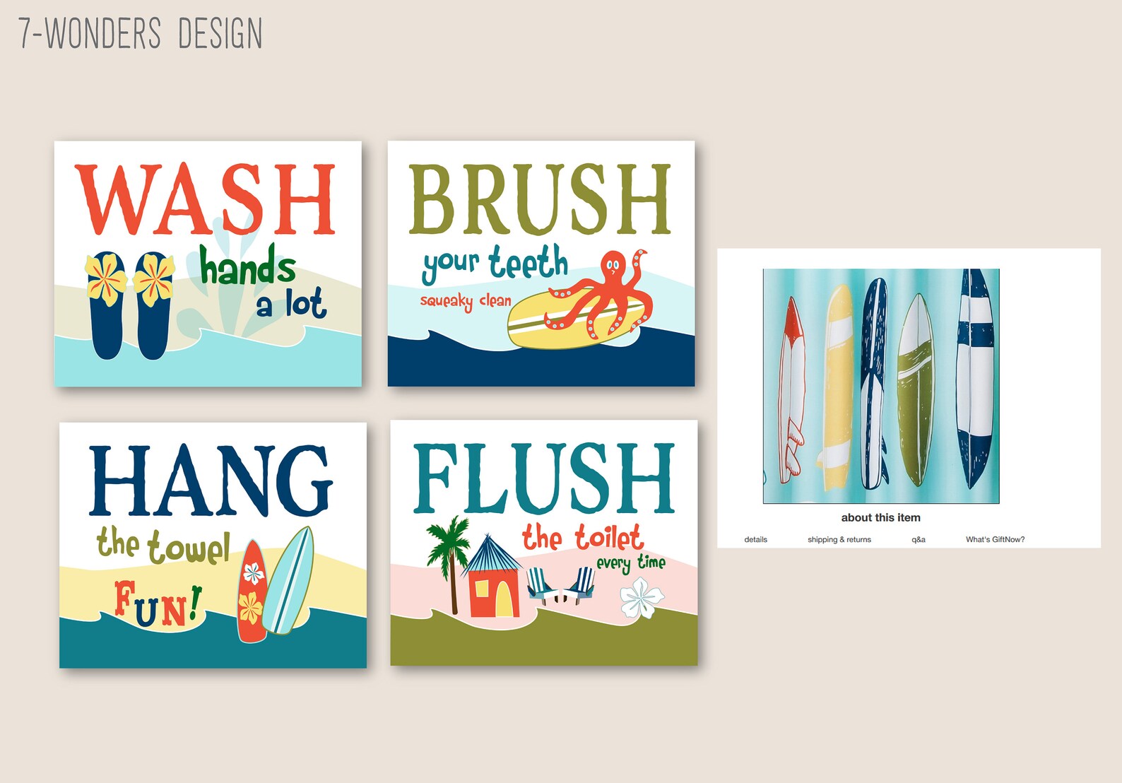 Childrens Kids Surf Beach Theme Bathroom Art Prints Cute Fun | Etsy