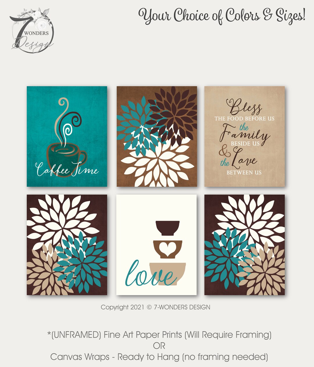 set of 6 kitchen prints coffee print set kitchen art... KITCHEN Wall Art Print Set Coffee Bless the Food Love Flower Bursts ...