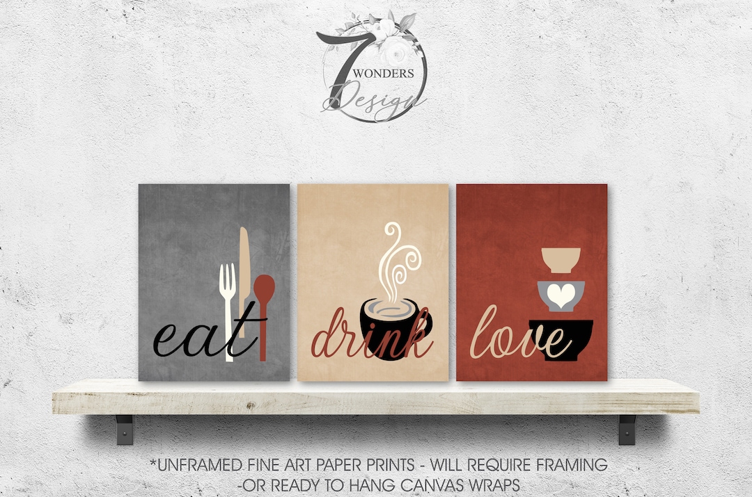 kitchen print, coffee & cake | kitchen prints, wall... Kitchen Wall Art Print Set, Eat Drink Love, Gray Rust Tan Cream Coffee ...