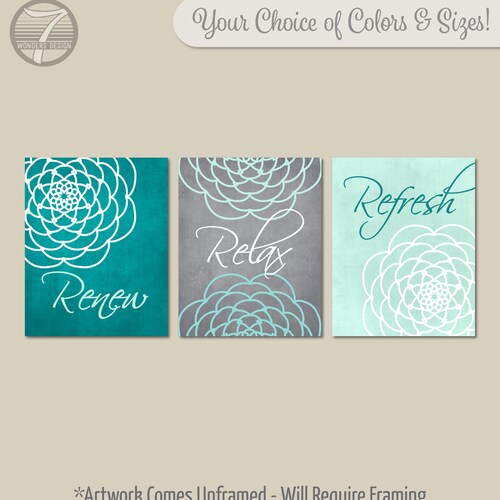 Turquoise Grey BATHROOM Wall Art Prints Relax Renew Refresh Etsy
