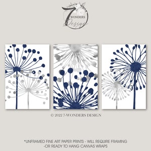 Navy Blue Grey Abstract Floral Dandelion Art Prints Modern Flower Artwork, Bathroom Wall Decor, Set of (3) Unframed Paper Prints or Canvas