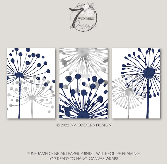 Navy Blue Grey Abstract Floral Dandelion Art Prints Modern Flower Artwork, Bathroom Wall Decor, Set of (3) Unframed Paper Prints or Canvas