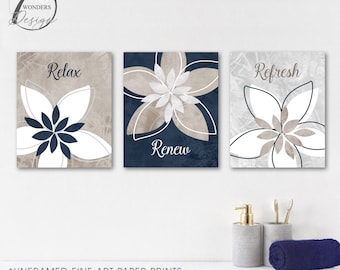 Relax Renew Refresh Bathroom Navy Beige Gray Wall Art, Distressed Botanical Flowers Artwork, Spa Shower Home Decor Unframed Prints OR Canvas