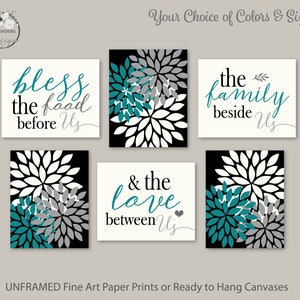 Modern Country Kitchen Wall Art Prints, Bless the Food Before Us, Flower Bursts, Teal Grey Black Cream, Set of (6) UNFRAMED Prints or Canvas