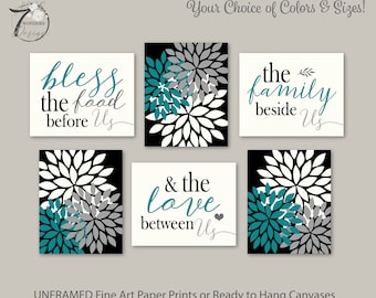 Modern Country Kitchen Wall Art Prints, Bless the Food Before Us, Flower Bursts, Teal Grey Black Cream, Set of (6) UNFRAMED Prints or Canvas