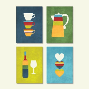 Kitchen Wall Art Print Set, Coffee Wine Theme, Cups Coffee Pot, Wine Hearts, Blue Green Red, Home Decor Set of (4) UNFRAMED Prints or Canvas