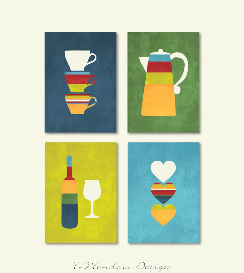 Kitchen Wall Art Print Set Coffee Wine Theme Cups Coffee Etsy
