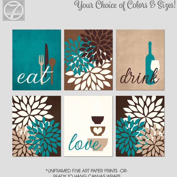 KITCHEN Wall Art Print Set, Eat Drink Love, Flower Bursts Teal Suede Brown Cream, Modern Decor, Set of (6) UNFRAMED Prints or Canvas