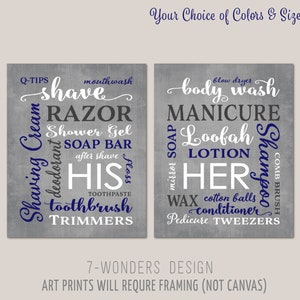 His Her Bathroom Wall Art Prints Charcoal Gray, Navy, White, Modern Home Apartment Bathroom Decor Set or (2) Unframed Paper Prints or Canvas