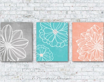 Gray Aqua Peach Flower Art Prints, Floral Dahlia Wall Art Bedroom Bathroom Home Decor, Set of (3) UNFRAMED Paper Prints or Canvas