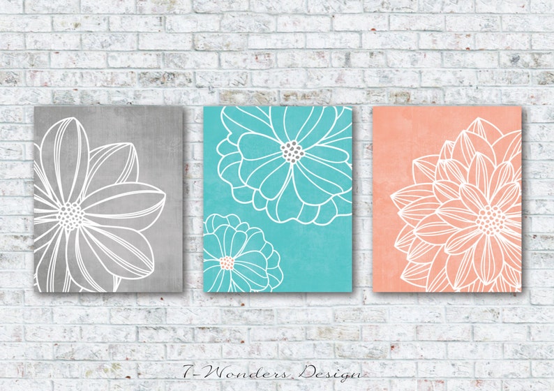 Gray Aqua Peach Flower Art Prints Floral Dahlia Wall Art Set Of 3 5x7 8x10 Or 11x14 Bedroom Bathroom Home Decor Unframed Paper Prints