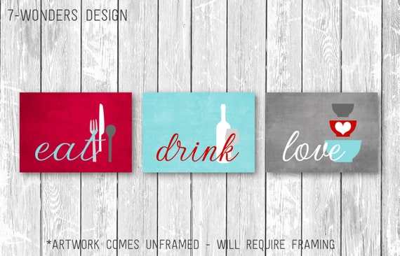 kitchen wall art print set eat drink love sky blue red | etsy