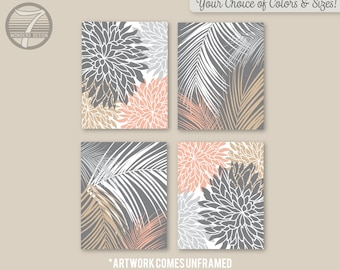 Gray Beige Peach Abstract Flower Art Prints, Dahlia Palm Leaves Art Bedroom Bathroom Modern Home Decor Set of (4) Unframed Prints or Canvas