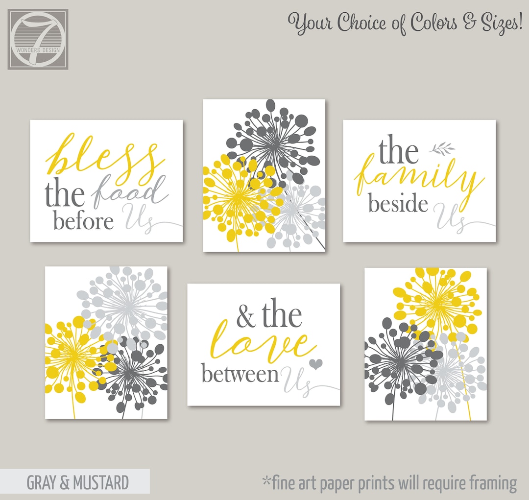 Modern Mustard Gray Kitchen Wall Art Prints, Bless the Food Before Us, Dandelion Flowers, Home