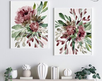 Maroon Brown Watercolor Flowers Fine Art Prints, Cream Backgrounds Moody Farmhouse Wall Art Decor Set of (2) UNFRAMED Paper Prints or Canvas