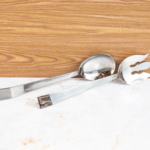 Vintage Midcentury Kayson&#39;s Stainless Salad Tongs, Serving Fork and Spoon in Original Box