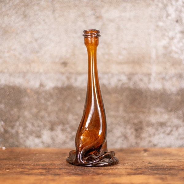 Vintage Amber Melted Beer Bottle Bud Vase | Modern Artisinal Bud Vase | Glass Flower Vase