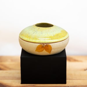 May include: A ceramic jar with a lid, featuring a light yellow and green glaze. The jar has a round shape and is adorned with two leaf-shaped embellishments. It sits on a black square pedestal, with a wooden surface in the foreground.