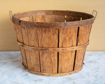 Vintage Three Hoop Split Wood Bushel Basket, Functioning Large Storage with Handles, Autumn Fall Decor, Halloween